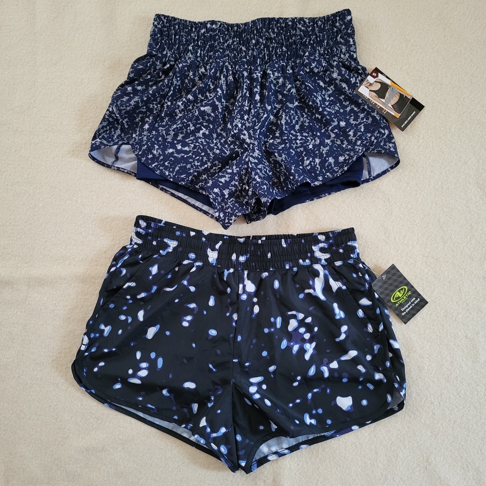 NWT 2 Pairs Athletic Shorts Women's Size Small Blue Black Lined Elastic Waist...